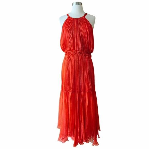 MARIA LUCIA HOHAN Maella Silk Tent Dress Red Chiffon Ruffled Plisse Halter Gown - Picture 3 of 16